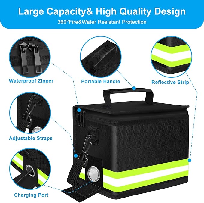 Upgraded Lipo Battery Fireproof Explosionproof Safe Bag,4 Layers of Heat Insulated Materials with Waterproof Zipper/Reflective Strip,Comfortable Handle/Portable Shoulder Strap(8.5x5.7x6.5inch)