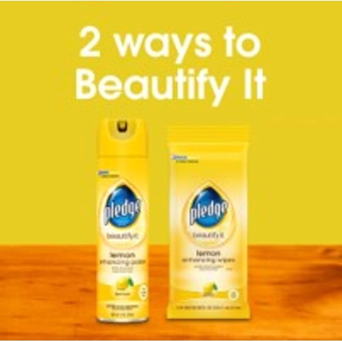 Pledge Multi-Surface Cleaner Spray and Wipes Bundle, Works on Leather, Granite, Wood, Lemon Scent (2 Count of 9.7 oz Cans, and 2 Pack of 24 Wipes)