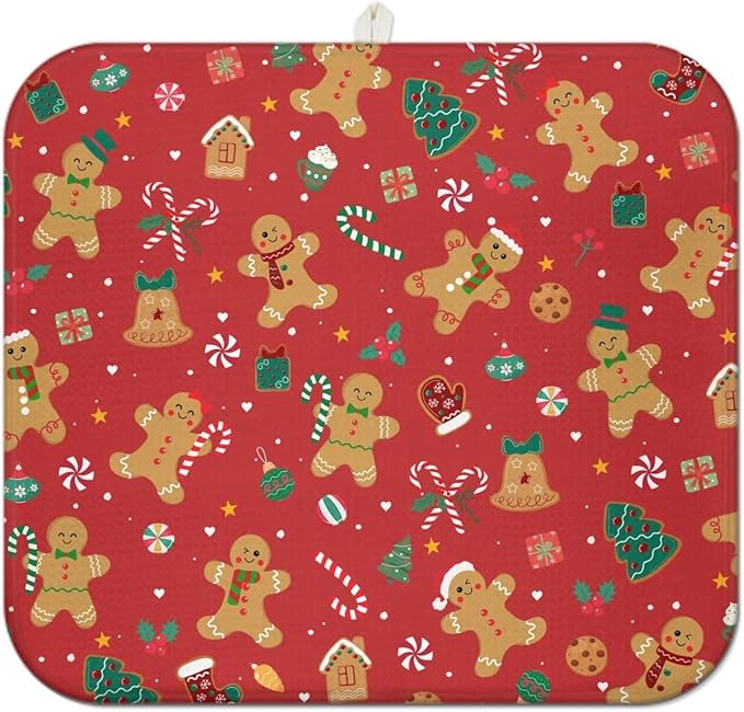 Christmas Kitchen Countertop Dish Drying Mat, Red Christmas Gingerbread Man Snowflake Pattern Microfiber Kitchen Drying Mat,Washable Absorbent Countertop Xmas Winter Holiday Dish Mat Drainer,16x18In