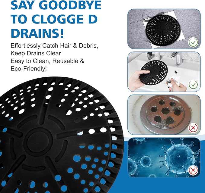 ZOOY Shower Drain Hair Catcher, 2 Pack 5.5 Inch Silicone Large Drain Cover, Bathroom Hair Drain Catcher, Flat Anti-Clog Hair Trap for Shower, Bathtub, Tub & Sink Hair Strainer(Black)