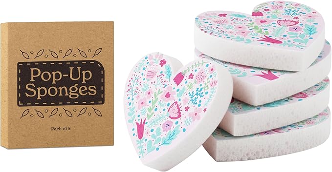 5 Pack Heart Shaped Sponges, Non-Scratch Cleaning Sponges with Floral Pattern, Kitchen Heavy Duty Scrub Sponge, Pop Up Eco Valentine's Day Sponges (Pink)