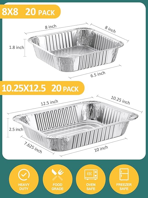 40 Pack Disposable Aluminum Foil Pans Assorted Sizes - 20 Large 10.25x12 Half Size Aluminum Pans & 20 Small 8x8 Tin Foil Baking Pans, Tin Trays Containers for Meal Prep, Food Cooking, Roasting