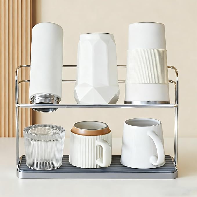 Bottle Drying Rack,Coffee Mug Holder with Drain Tray for Coffee Cup,Water Cup(Silver)