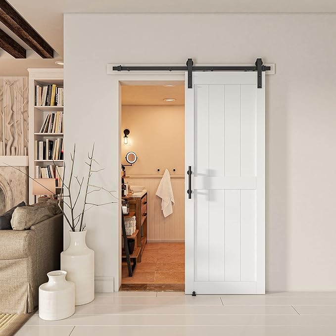 30''x96'' Sliding Barn Door with 5 Ft Barn Door Hardware Kit& Handle& Floor Guides,Pre-Drilled Holes Easy Assembly - Include Installation Manual, Water-Proof PVC Surface, H-Frame, White