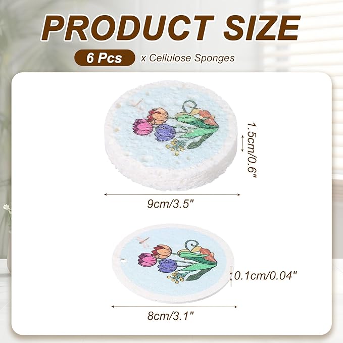 uxcell 6Pcs Cellulose Sponges, Round Kitchen Clean Sponges Non-Scratch Compressed Dish Scrubber with Floral Pattern for Kitchen Household Cookware Bathroom Cleaning & DIY, Light Blue