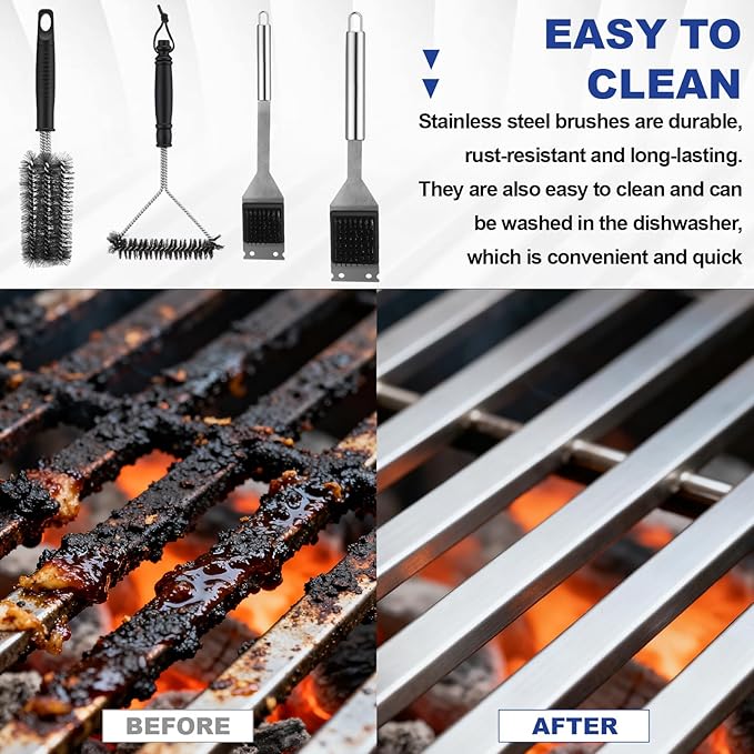 4 Pcs 304 Stainless Steel BBQ Grill Brush, 16.5” & 14” Wire BBQ Brush & Scraper, 15" Three-Head and 12" Three-Sided Brushes for Outdoor Grill Accessories, Ideal Gift for Men/dad