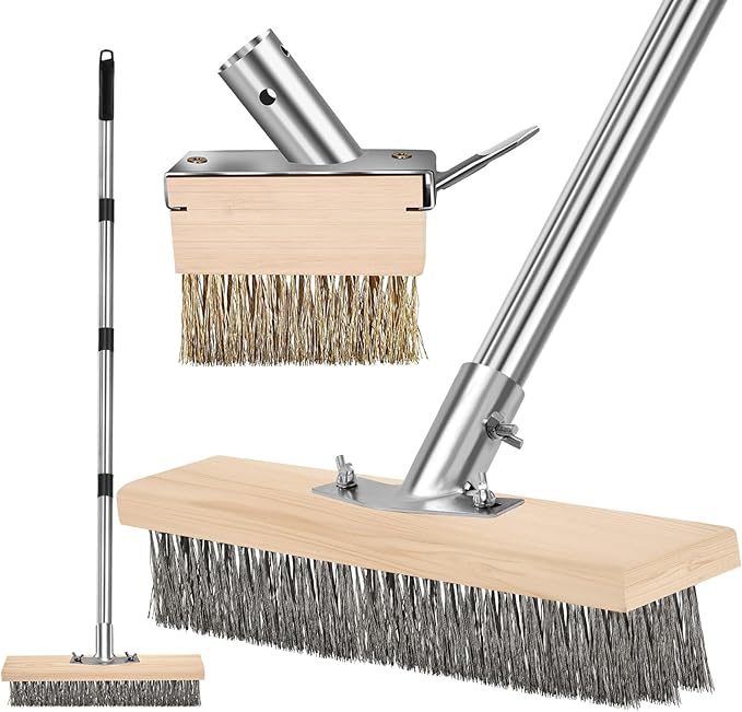 Heavy Duty Wire Push Broom with Crack Weeder Brush Set, Multifunction Moss Remover with Scraper Weed Puller, Detachable 64.9in Handle for Outdoor Deck Pavers Patios Walkways Concrete Cleaning