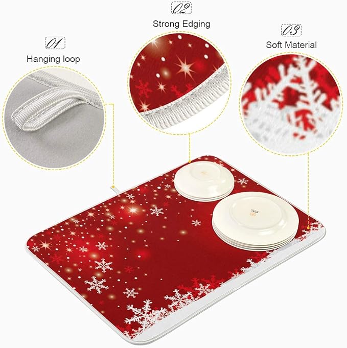 Christmas White Snowflake On Red Background Dish Drying Mat 16x18 inch Dish Drainer Kitchen Counter Mats Bottles Dish Dry Pad Protector for Kitchen Countertops