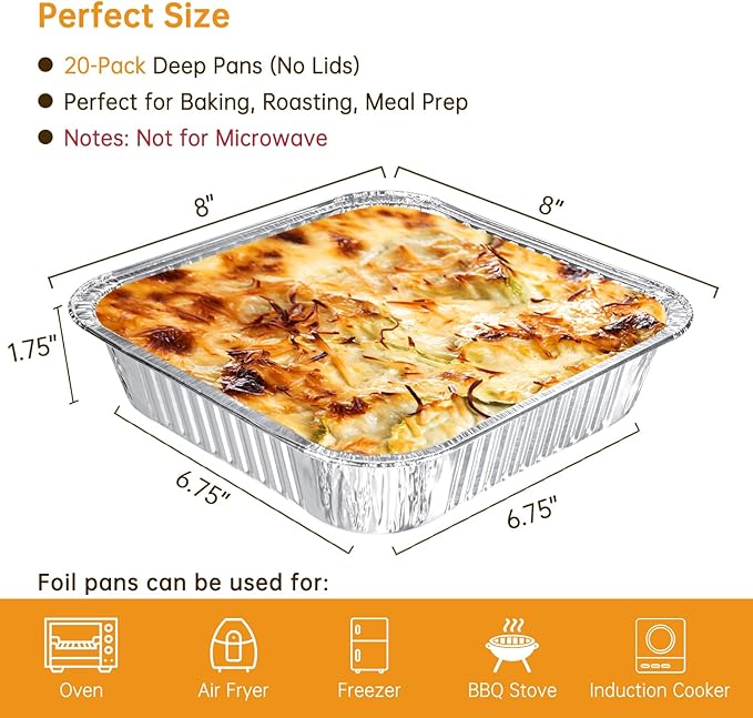8x8 Aluminum Pans - 20 Pack Disposable Foil Pans, Aluminum Roasting Trays for Holiday Cooking, Parties Meal Prep, Storage, Heating and Baking