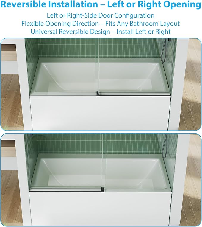 Bathtub Shower Door, 60" W x 59" H Sliding Glass Door with 6mm (1/4") SGCC Tempered Glass & Coating, Matte Black 304 Stainless Steel Top Rail, One Fixed One Sliding Panel