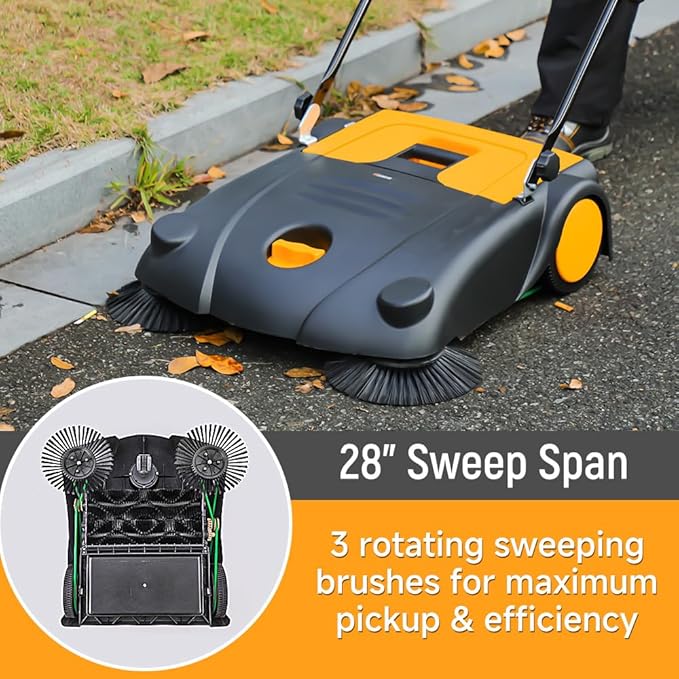 Hoteche 28-Inch Walk Behind Outdoor Manual Push Floor Sweeper, 4-Gallon Capacity, 30200 ft²/h Sweeping Efficiency, Lightweight Non-Electric Sweeper for Driveways, Patios, and Warehouses