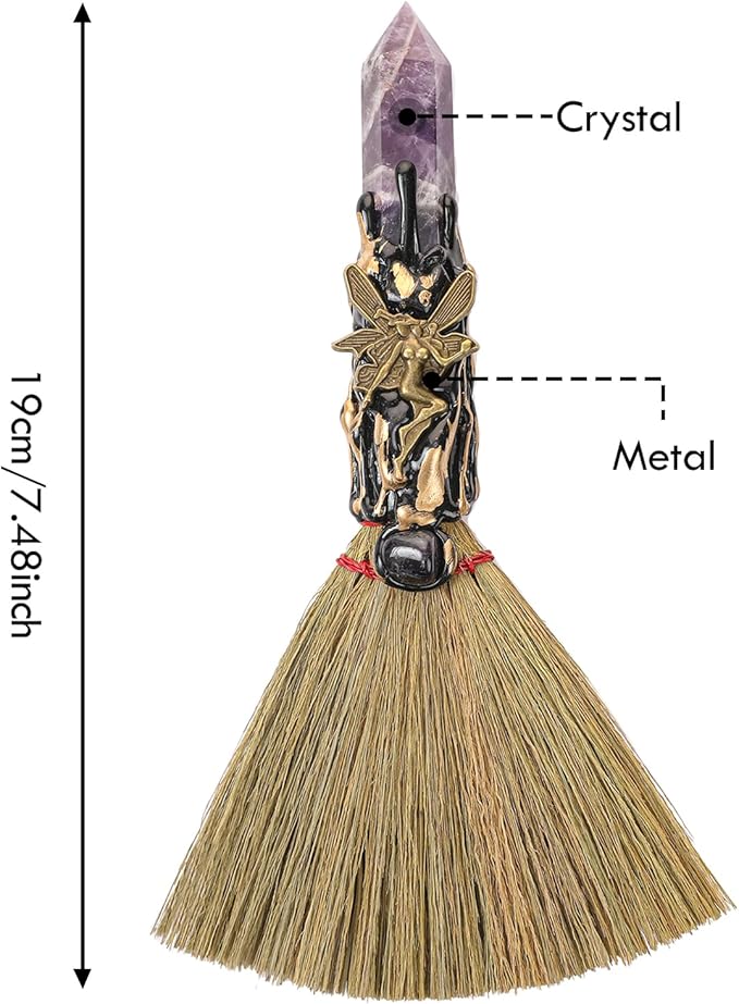 Crystal Witch Altar Broom - Witchcraft Supplies with Amethyst Wiccan Stuff Broomstick with Natural Healing Crystals Hexagonal Points Pagan Fengshui Reiki Energy Clearing Gift