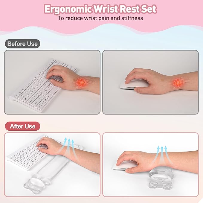 Gel Keyboard and Mouse Wrist Rest Set – Clear Wrist Rest for Computer Keyboard 60%/68%/75%, Comfort & Support for Typing and Gaming(Cute White Bear)