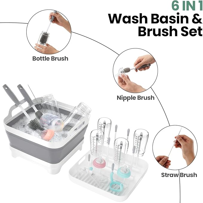 Collapsible Wash Basin for Baby Bottles - Portable 2.4 Gallon Dish Tub with Drying Rack & Lid, Foldable Sink for Camping, Outdoor Space-Saving Tub for Kitchen, RV, Camping, Outdoor Use