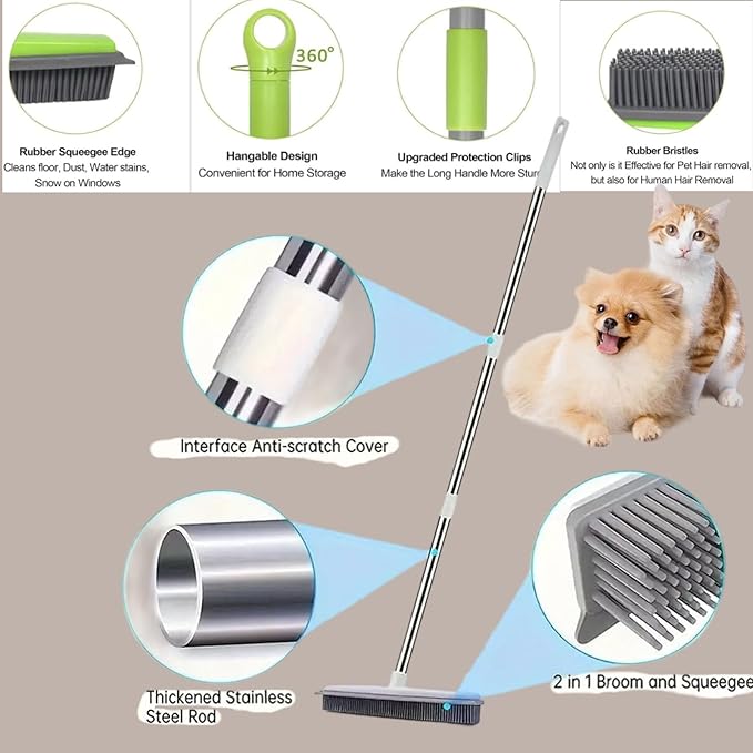 Pet Hair Rubber Broom, Rubber Broom for Pet Hair On Carpet, Pets Hairs Removal Broom with 49" Adjustable Handle, Soft Push Broom with Squeegee for Carpet, Hardwood Floor, Tile (A)