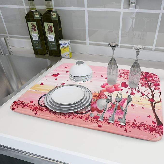 Pink Heart Valentine's Day Gnomes Dish Drying Mat for Kitchen Counter,Pink Bicycle Love Tree Drying Mat 18 x 24 Inch with Absorbent Reversible Microfiber Dish Drying Pad Dish Rack Pad for Coffee Bar
