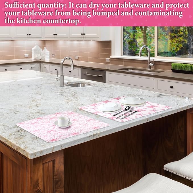 2 Pcs Large Coquette Pink Bow Dish Drying Mat Large for Kitchen, 18 X 24 Inch Bow Absorbent Microfiber Coffee Bar Pad for Women Counter Kitchen Home Accessories Party Gifts