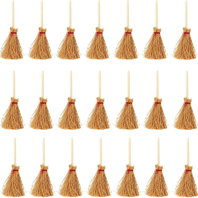 GXXMEI 20PCS Miniature Artificial Mini Straw Brooms with Red Ropes Halloween Straw Craft Decoration Witches Accessory for Costume Cosplay Party