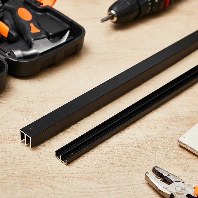 Landical 2 Set 3 ft Black Aluminum Sliding Door Track Set for 1/4" Thick Panels Closet Glass Doors Cabinet Window Aluminum Alloy Metal Sliding Track
