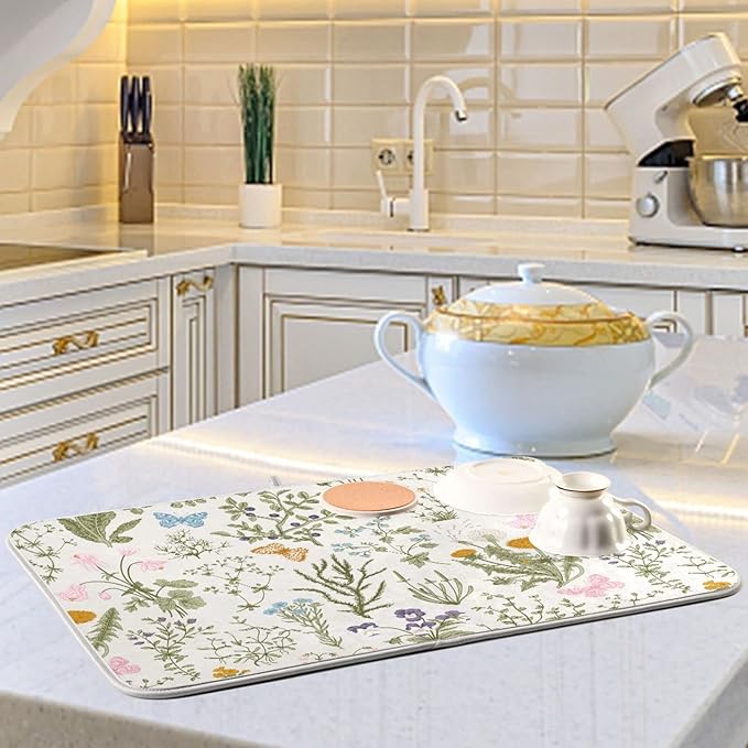 Herbs Flowers Botanical Butterfly Dish Drying Mat for Kitchen Counter Absorbent Microfiber Drying Pad, Medium 16x18 in, Reversible Drainer Mats