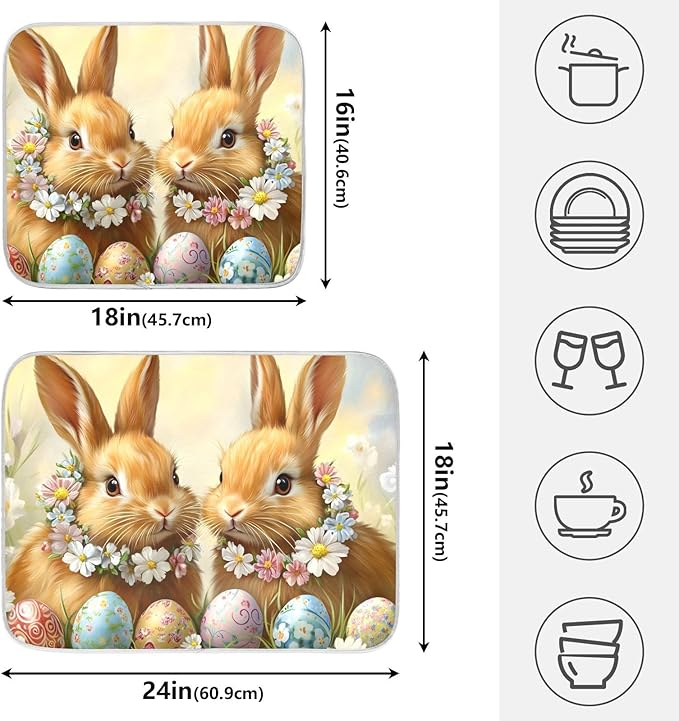 Cute Rabbit Bunny Easter Eggs Dish Drying Mat for Kitchen Counter Absorbent Microfiber Small Drying Pad Dish mats for Kitchen Countertops 16 x 18 Inch