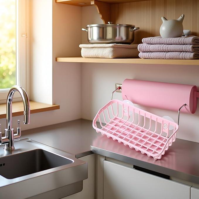 Pink Multifunctional Drain Rack,Hanging Storage Rack Drain Rack Sink Shelf Suction Cup Dishwashing Soap Sponge Holder for Kitchen Accessories Racks and Holders