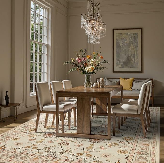 Floral Rug for Living Room Bedroom, 8x10 Washable Rug, Vintage Boho Area Rug, Large Non Slip & Low Pile Wool Carpet for Indoor Dining Room, Girls Room, Nursery Room and Kids Room(Apricot 8x10)