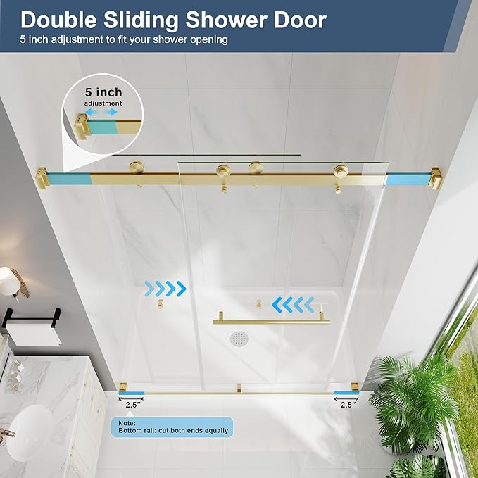 Frameless Double Sliding Shower Doors, 55-60" W x 76" H Shower Glass Door, 1/4" (6mm) Thick ANSI Certified Tempered Glass with Explosion-Proof Film and Nano Coating, Brushed Gold