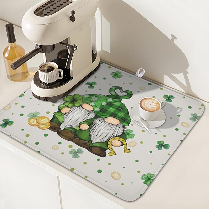 St Patrick's Day Gnome Dish Drying Mat for Kitchen Counter,Inch Lucky Shamrock Gold Coin Drying Mat 16 x 18 Inch with Absorbent Reversible Microfiber Dish Drying Pad for Coffee Bar