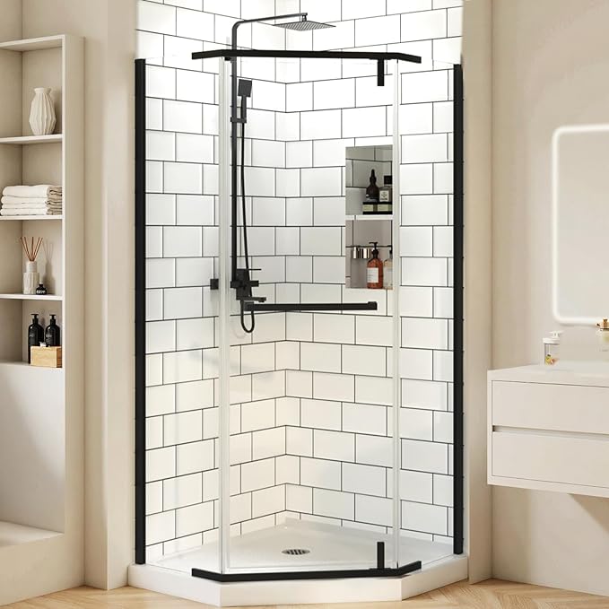 36" D x 36" W x 72" H Neo-Angle Frameless Shower Door, 1/4” (6MM) SGCC Tempered Glass with Explosion-Proof Film and Nano Coating, Black Stainless Steel Frame