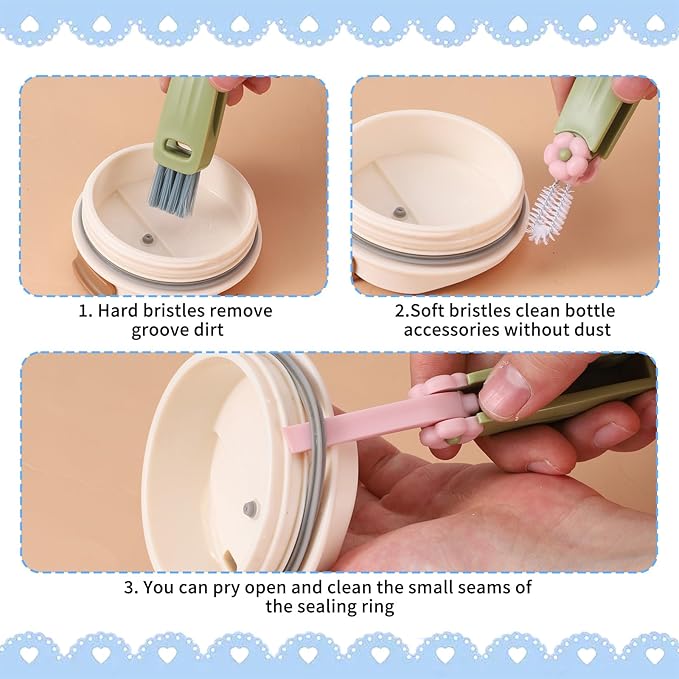 Straw Cleaner Brush Set: 3 Pcs Reusable Pea Long Straw Pipe Cleaner Brushes and 2 Pcs Cup Lid Cleaning Brush for Water Bottles and Tumblers