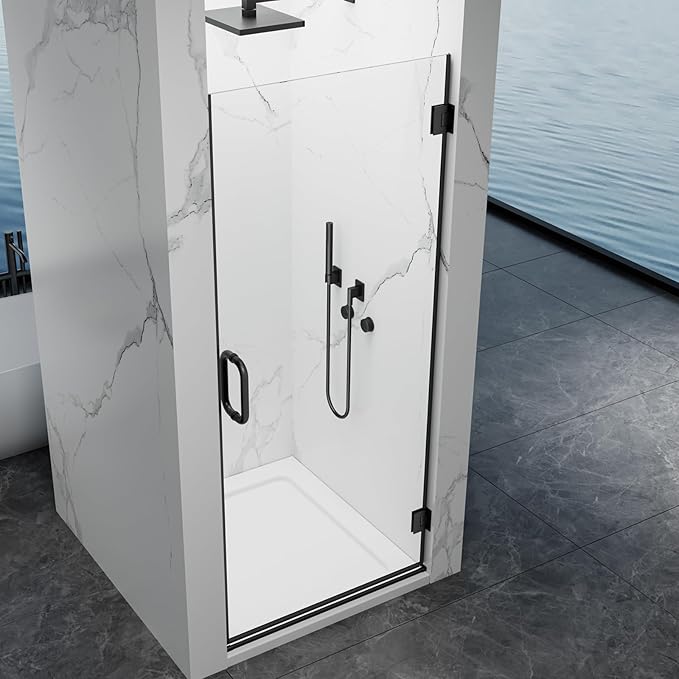 Framelss Hinged Shower Door, 34" W x 76" H Single Swing Pivot Shower Door, 3/8" (10mm) Tempered Glass with Nano Coating, Stainless Handle, Glass Door for Walk-in Shower - Matte Black