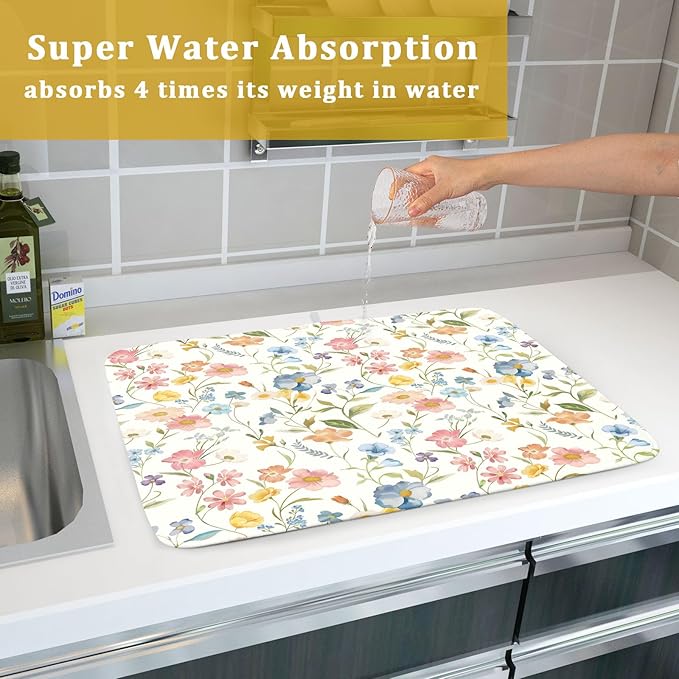 Khope Spring Dish Drying Mat for Kitchen Counter 18x24 Inch Summer Colorful Floral Reusable Washable Drying Pad Countertop Home Decor