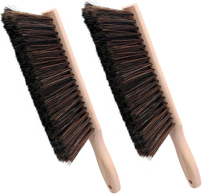 Soft Bristle Hand Brush Wooden Handle for Woodworking Shop Bench, Sawdust Removal Non-Scratch 14 Inch Long (2pcs Brown)