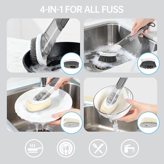 Soap Dispensing Scrub Brush - 4-in-1 Kitchen Cleaning Brush with Built-in Tank, Scraper Heads for Stubborn Grime on Pots Pans, Stand/Hang Storage-Grey