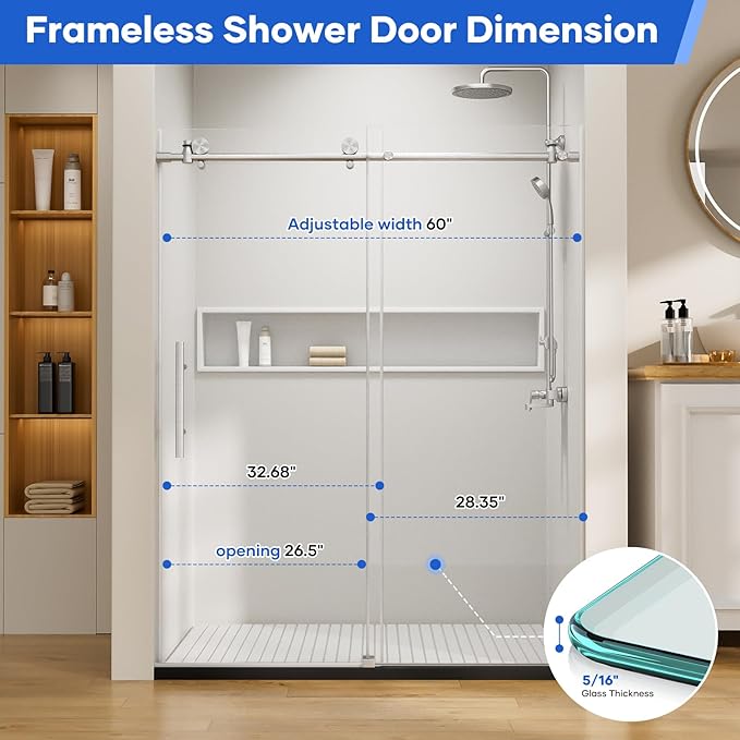 Zenith Shower Door,60 in W x 74 in H Frameless Shower Door with Handle and Seal Strip for Waterproof, 8mm Thickness Glass with Anti Explosion Film and SGCC Certificate,Brushed Nickel