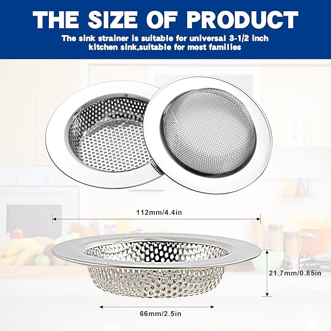 RQYEKDO Kitchen Sink Strainer Stainless Steel with Coarse Mesh4.4 Wide Rim Drain Strainer |Fits Standard Sinks & GarbageDisposals(Silver)(2pcCoarse & Fine Mesh)