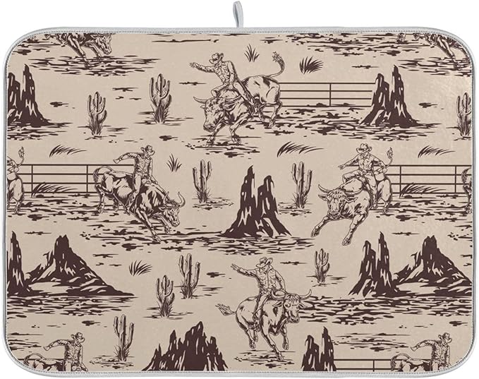 West Cactus Cowboy Dish Drying Mat for Kitchen Counter Absorbent Microfiber Drying Pad, Medium 16x18 in, Reversible Drainer Mats