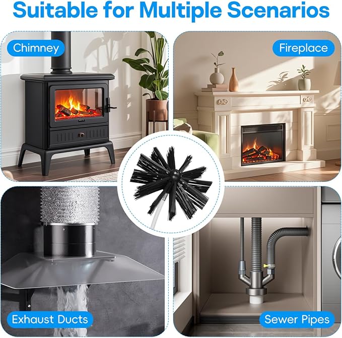 Chimney Sweep Pro Kit, 30ft Interlocking Rods with 6” Dual Brush Heads, Efficient Dryer Vent and Air Duct Cleaner, Reusable Fireplace Maintenance System
