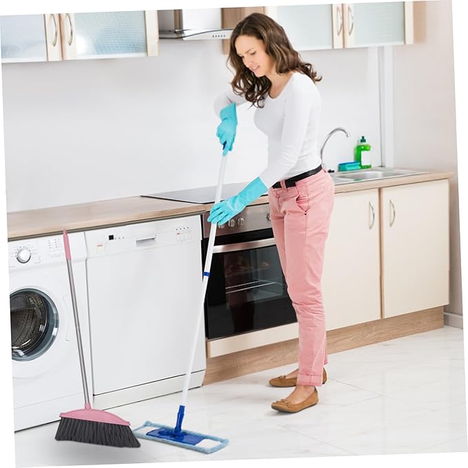 Unomor Clean Broom Stainless Steel Household Broom with Long Handle Soft Bristle Sweeping for Indoor and Outdoor Floor Cleaning Compact Reusable Dust Brush Pink 34.37 * 11.96 * 1.18in