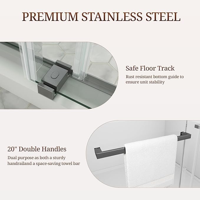 50-55" W x 76" H Frameless Shower Door, Double Sliding Glass Shower Door with 3/8" (10mm) SGCC Tempered Glass, Dual 304 Stainless Towel Bars Bathroom Shower Glass Door (Gunmetal)