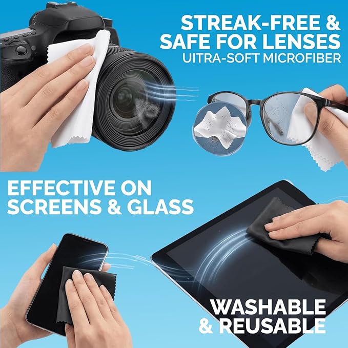 Microfiber Cleaning Cloths 6 Pack – 6x7 Inch Lint‑Free Lens & Screen Cleaner – Eyeglass Camera Phone Tablet TV Cloth – Reusable Scratch‑Free Streak‑Free – 3 Dark Grey & 3 White Individually Wrapped
