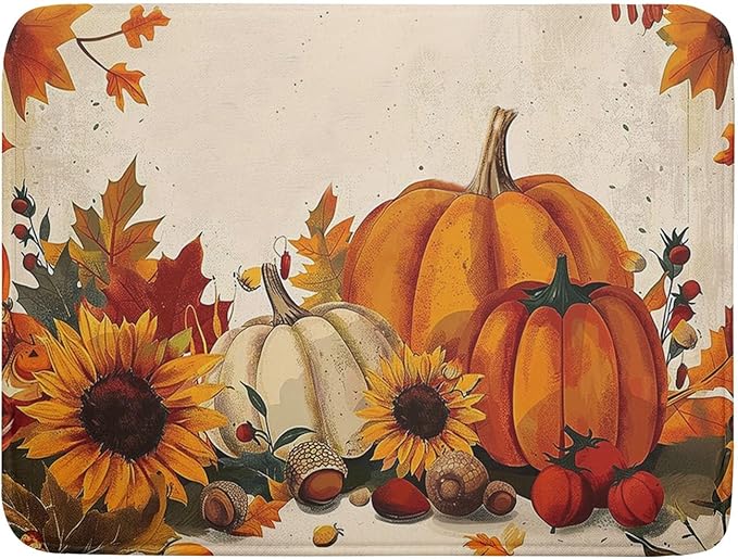 Happy Thanksgiving Day Harvest Dish Drying Mat for Kitchen Counter,Sunflower Maple Leaves Pumpkin Drying Mat 18 x 24 Inch with Absorbent Reversible Microfiber Dish Drying Pad for Coffee Bar