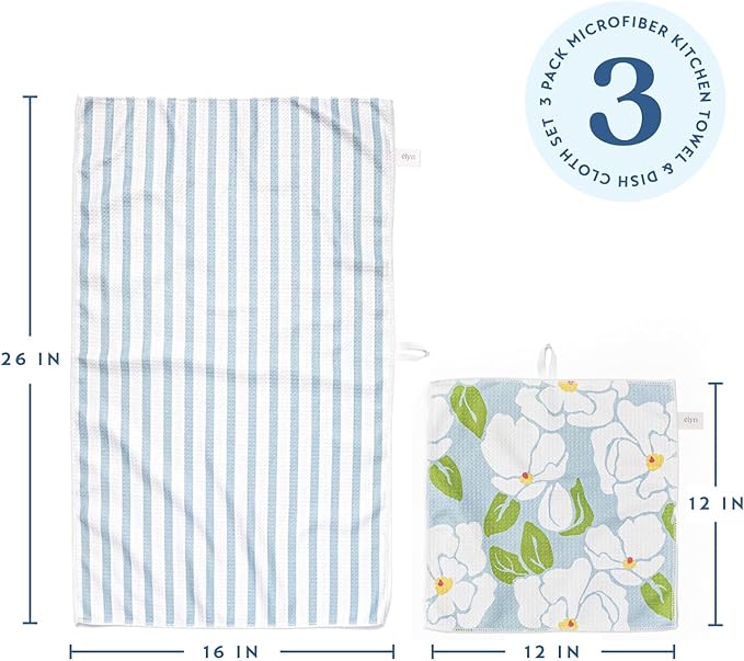 ELYN Microfiber Kitchen Dish Towel & Dish Cloth Set, Quick-Dry & Absorbent Waffle Weave Cleaning Cloths, Set of One Kitchen Towel & Two Washcloths, Paper Towels Alternative (Magnolias & Stripe)