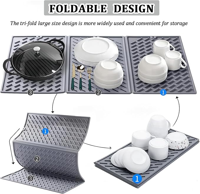 Silicone Dish Drying Mat for Kitchen Counter, Collapsible Trifold Large Dish Drainer Mat, Drying Mat with Hook, 24x16In Non-Slip Silicone Sink Mat, Easy to Clean