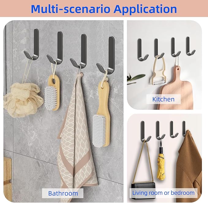 4 Pcs Adhesive Towel Hooks for Shower, Bathroom, Kitchen, Robe, Towel, Coat，Shower Hooks，Wall Hook Stick On Bathroom（Steel,Dark Gray）