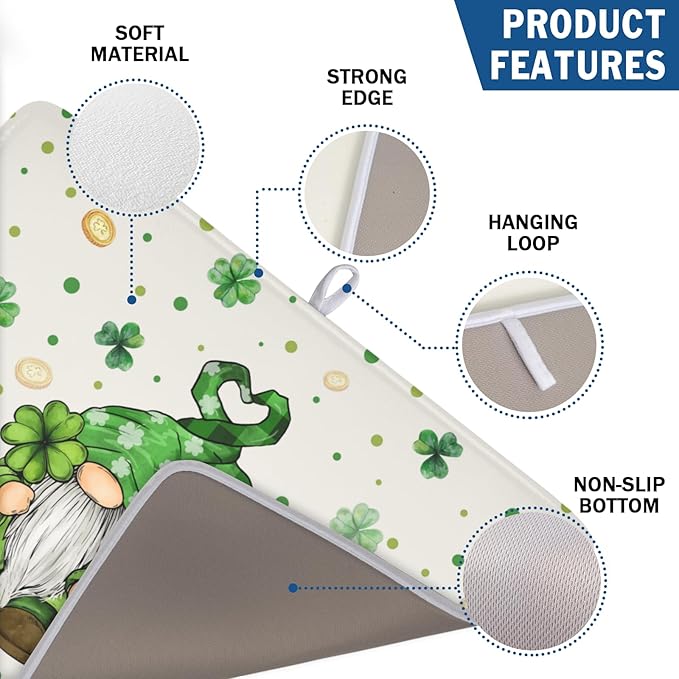 St Patrick's Day Gnome Dish Drying Mat for Kitchen Counter,Inch Lucky Shamrock Gold Coin Drying Mat 18 x 24 Inch with Absorbent Reversible Microfiber Dish Drying Pad for Coffee Bar