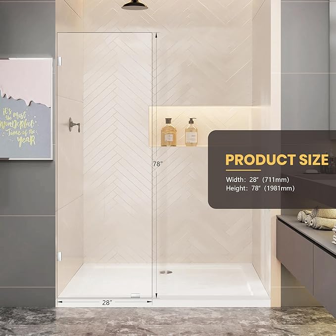 28" W x 78" H Frameless Shower Glass Panel, Single Fixed Shower Panel Screen with Clamps, 5/16"(8mm) Clear Tempered Glass, Bathroom Shower Doors Fixed Shower Glass Door Panel in Polished Chrome Finish