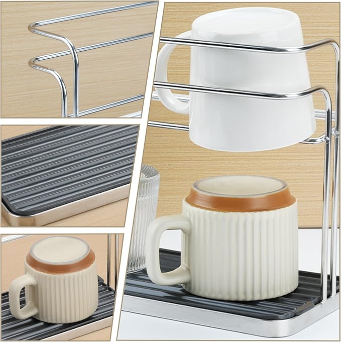 Bottle Drying Rack,Coffee Mug Holder with Drain Tray for Coffee Cup,Water Cup(Silver)