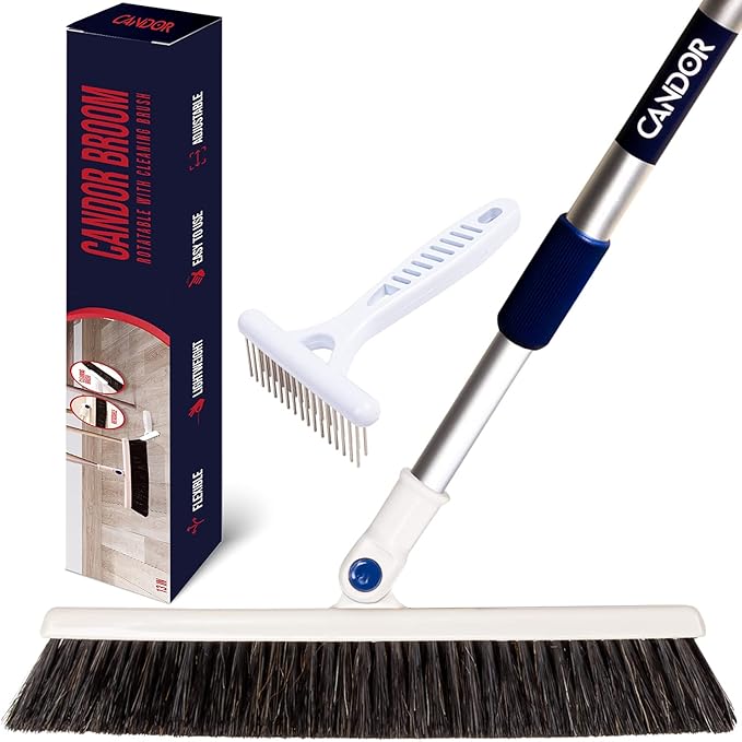 Candor Rotatable Push Broom | 63 Inch Long Lightweight Flexible Cleaning Brush Swiftly Glides Under Beds, Tables, Sofas, Ovens | Also Includes A Handy Brush to Clean The Broom | 18 Inch Head